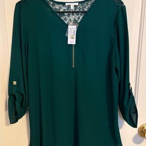 Maurices Deep Teal V-Neck Lace Yoke Tunic with Gold Zip